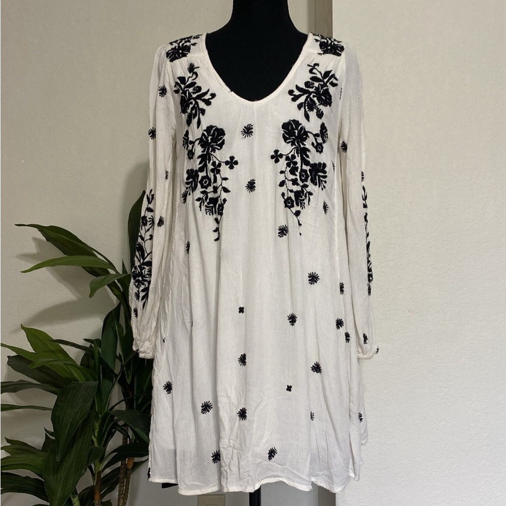 Free People Sz S Oxford Embroidered Boho Swing Dress Ivory Open Back